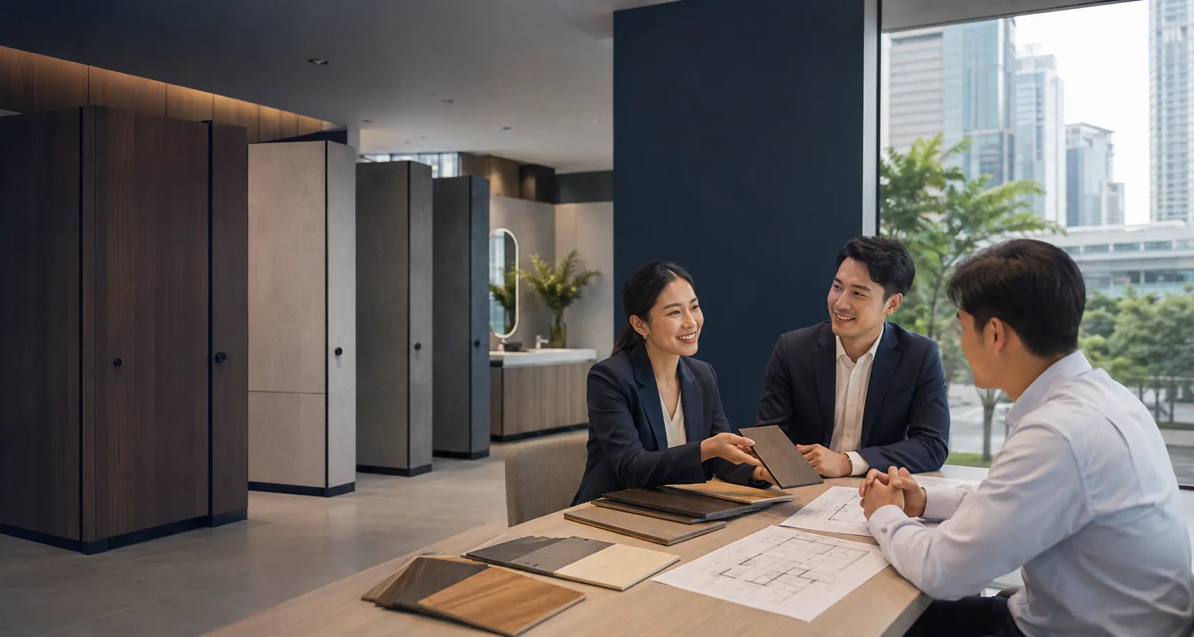 ทีมงานไทยให้คำปรึกษาเรื่องผนังห้องน้ำสำเร็จรูปในโชว์รูมของ MHC Group Products